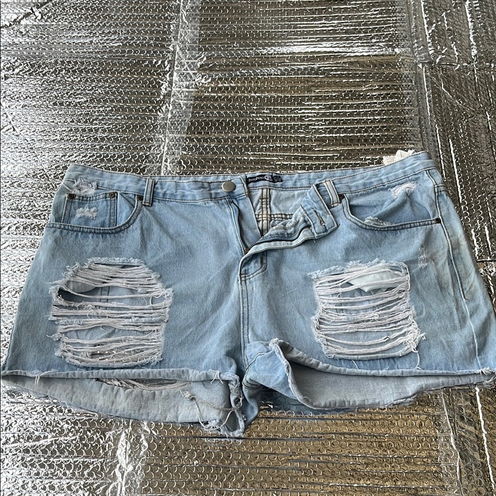 boohoo Distressed Light Blue Denim Shorts